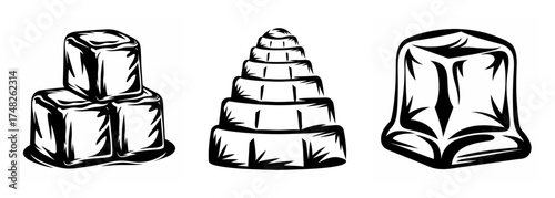 Three distinct ice sculptures depicted in a hand-drawn sketch style artistic rendering