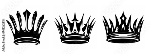 Three detailed black and white crown silhouettes majestic royal symbols for design projects