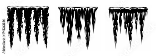 Three rows of detailed black icicles hanging from a roof edge detail