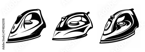 Three stylized depictions of a modern steam iron showing different angles in a monochrome sketch style