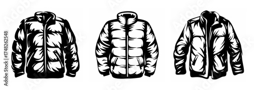 Three puffer jackets detailed sketch black and white apparel fashion clothing outerwear design