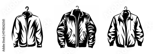 Black and white sketch of three bomber jackets on hangers showcasing detailed textures and stitching