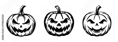 Three spooky jack-o'-lanterns with carved faces create a festive halloween atmosphere for decorations