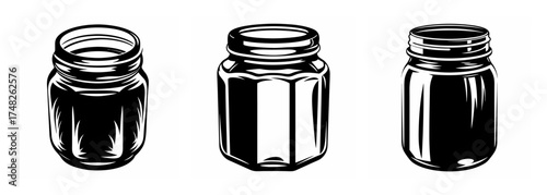 Three antique glass jars with screw tops in a simple line art style