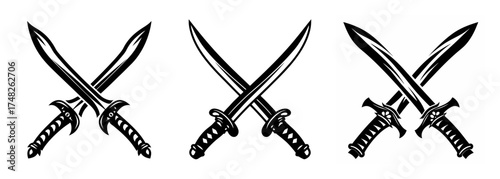 Three pairs of crossed japanese katana swords symbolizing combat martial arts and samurai warrior tradition