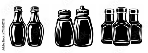 Collection of classic sauce bottles and shakers offering condiment variety for any meal