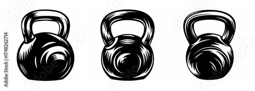 Three black kettlebells rendered in a sketchy artistic style for fitness and strength training