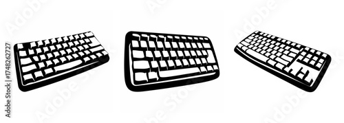 Three computer keyboards displayed from different angles showing key layout and design elements.