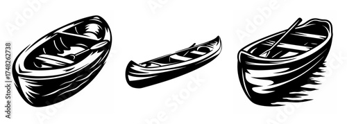 Three hand drawn canoes and kayaks sketching water adventures outdoor activities