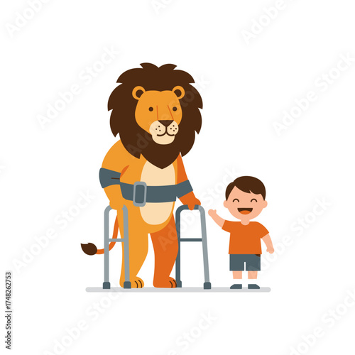 A cheerful illustration of a lion and a smiling child standing together, using crutches and a walker. This scene conveys friendship, care, resilience, and inclusive support.