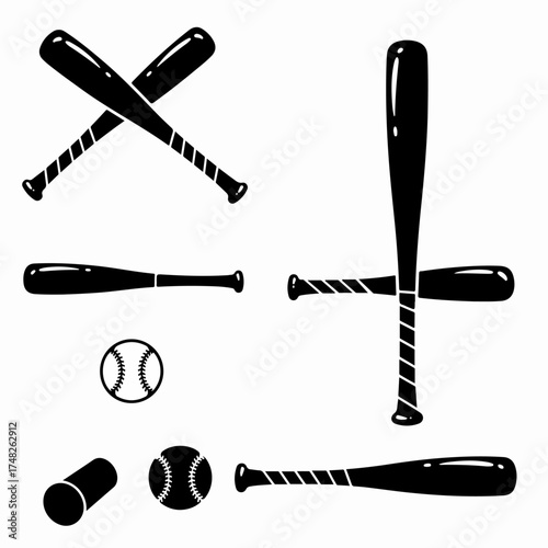 Monochrome Vector Icons of Baseball Bats and Balls for Sports Themes
