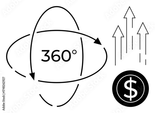 Central 360 with rotating arrows beside upward arrows and a dollar sign. Ideal for innovation, finance, growth, progress, analytics, strategy, and holistic views. Simple flat metaphor