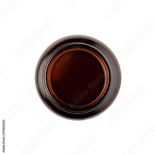 Top view of an empty dark amber glass bottle isolated on transparent background