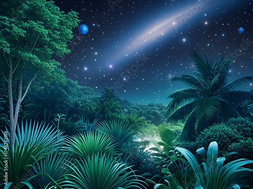 View of beautiful jungle with spectacular cosmic details