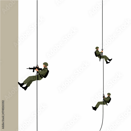Military special forces soldiers rappelling down a wall, performing tactical descent. A team of skilled soldiers demonstrate advanced rope techniques and combat readiness.
