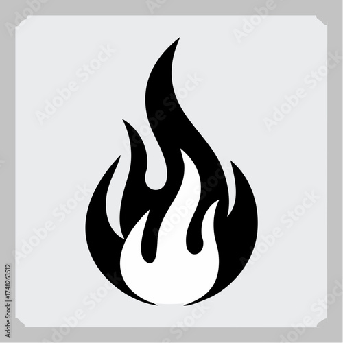 Stylized depiction of fire with a dynamic interplay of black and white shapes