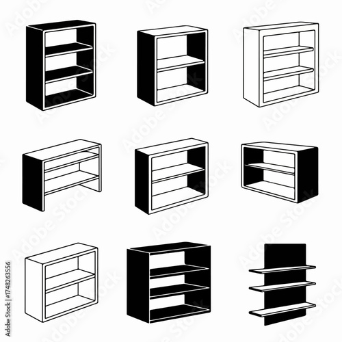 Assorted empty display shelves and storage units icon set in monochrome for e-commerce, home, and interior design.