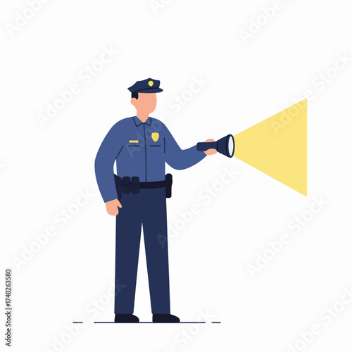 Police Officer Holding Flashlight, Illuminating the Path Forward in a Flat Design Illustration Representing Law Enforcement and Security.