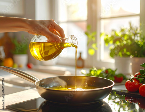 Pouring oil into frying pan