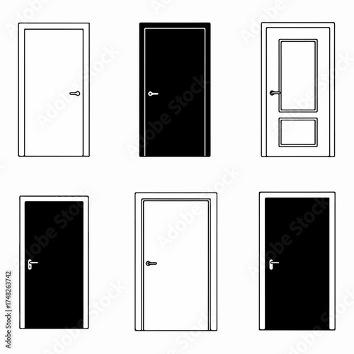 A collection of door icons and silhouettes in black and white, featuring various modern and classic designs with handles and frames.