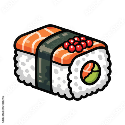 Delicious Salmon Sushi Roll with Roe and Nori Seaweed.