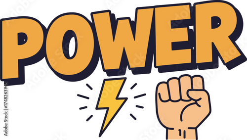 Dynamic Vector Graphic 'POWER' with Charging Battery Icon: Energy, Strength, and Vitality Concept Design Element