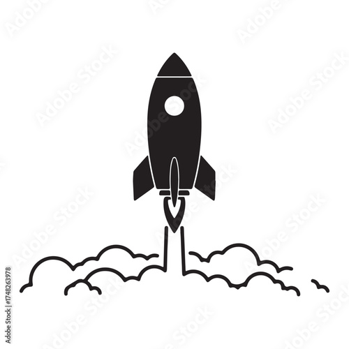 Rocket launch icon soaring upwards symbolizing ambition and innovation with smoke trails in simple black and white illustration