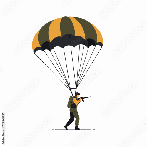 Military paratrooper with rifle landing from sky, an airborne soldier in tactical gear, executing a mission, vector illustration on white background.