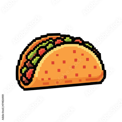 Pixel art taco illustration with classic fillings isolated on white.