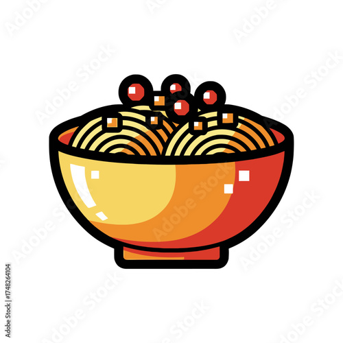 Stylized illustration of a bowl of spaghetti with meatballs.
