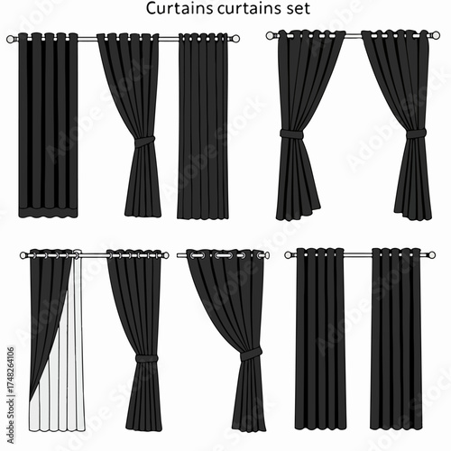 A comprehensive set of black curtains in various styles and configurations for modern home decor, featuring different drapery options.