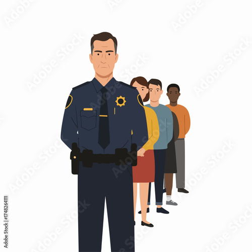 Police officer standing steadfastly in front of a diverse line of citizens, symbolizing law enforcement, community safety, and public order.