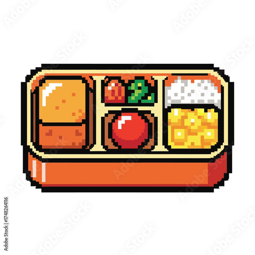 Pixel Art Bento Box with Delicious Japanese Lunch.