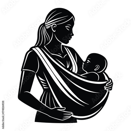 Mother and Child Silhouette Illustration, Baby Sling, Family Graphic Art on White Background