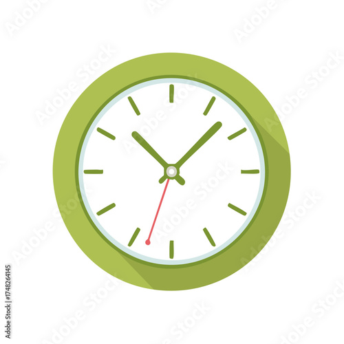 Stylish green wall clock shows the time with red second hand