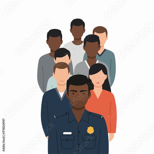 Diverse group of multi-ethnic people standing together, led by a Black police officer, symbolizing community protection and public service.