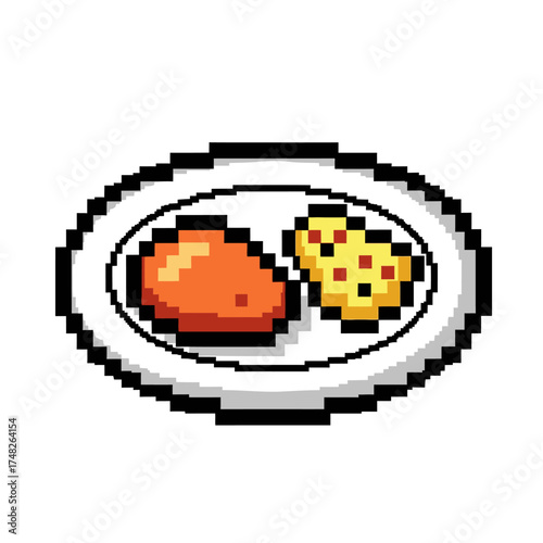 Retro 8 bit video game food icon with meat and eggs.
