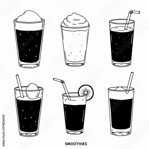 Hand-drawn black and white illustrations of various refreshing cold drinks, including sodas, milkshakes, and iced beverages, perfect for menu design or summer promotions.
