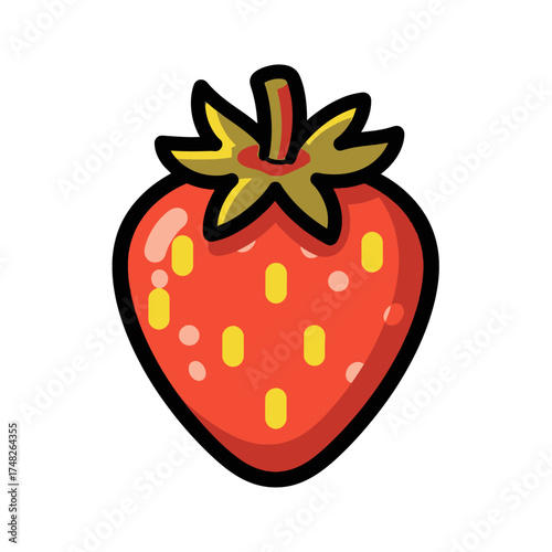 Vibrant Red Strawberry with Green Stem and Yellow Seeds.