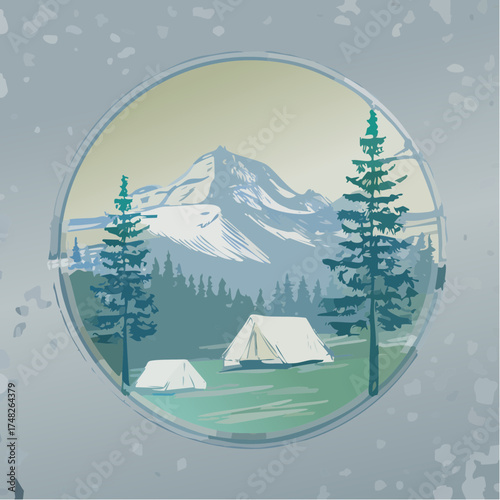 Illustrated Winter Mountain Camping Adventure Scene.