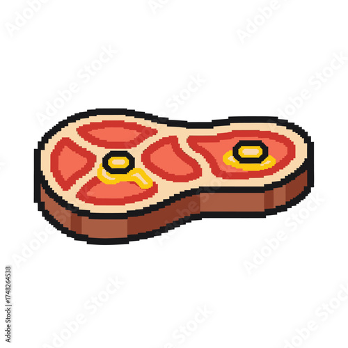 Pixel Art Steak with Mustard, Retro Gaming Food Icon.