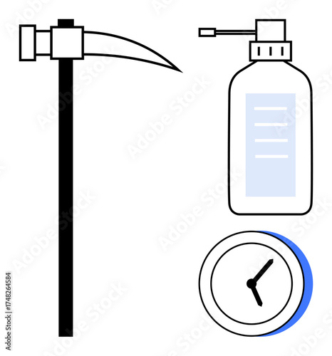 Mining pickaxe, pump sanitizer bottle, and a clock with blue highlight. Ideal for productivity, teamwork, time management, industry, hygiene mining work-life balance. Minimal flat metaphorical