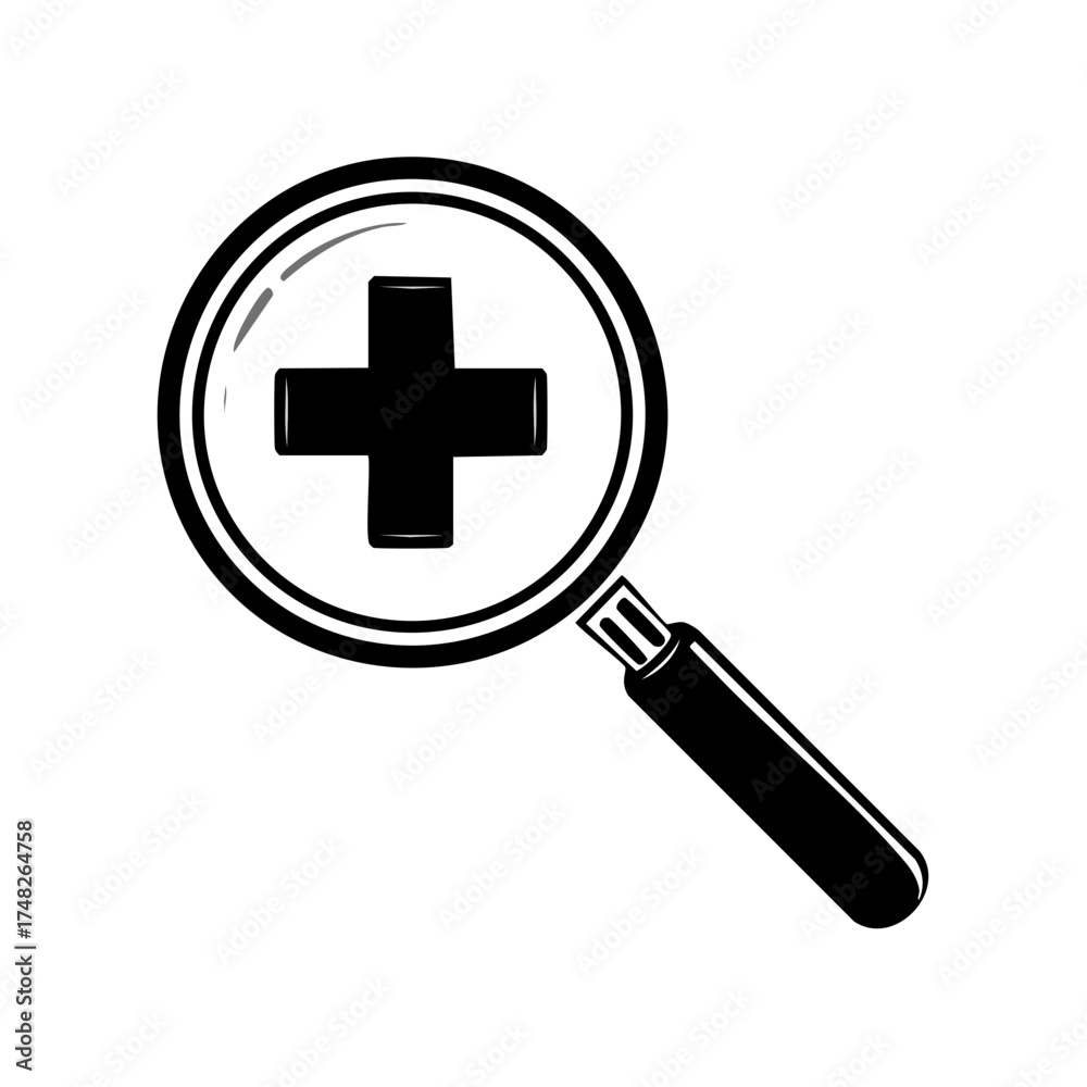 Obraz premium Magnifying glass inspecting a plus sign symbol for medical research and healthcare discovery