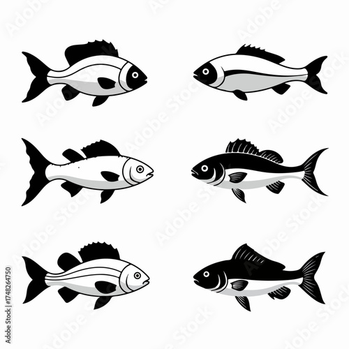 Collection of Stylized Black and White Fish Icons and Illustrations