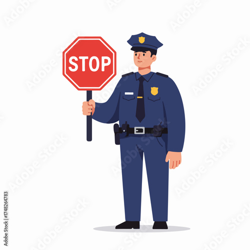 Male police officer in uniform holding a red stop sign, representing law enforcement, traffic control, and public safety. Flat vector illustration.