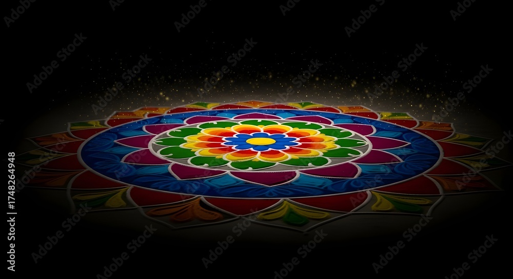 Obraz premium Vibrant Floral Rangoli Design with Glowing Diyas and Marigold Flowers, Celebrating the Festival of Lights.