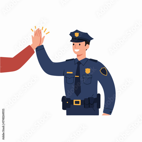 Friendly police officer giving a high-five to a civilian, illustrating positive community interaction and public service.