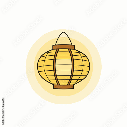 Illustration of a traditional yellow paper lantern with brown accents, hanging against a soft yellow background.
