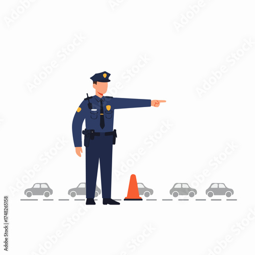 Police officer directing traffic flow with a hand signal and safety cone amidst cars, ensuring road order.