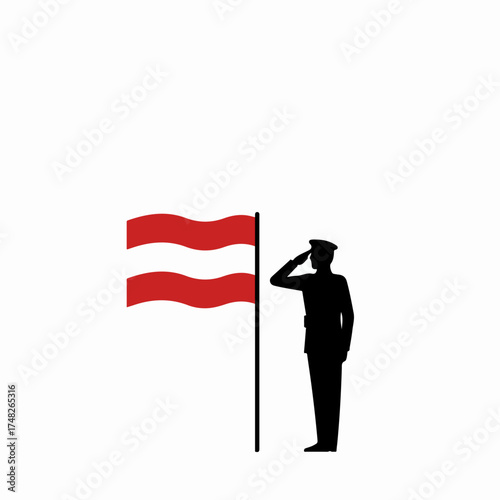 Austrian soldier silhouette saluting the national flag, symbolizing patriotism, honor, and national pride. A powerful image for military and governmental themes.